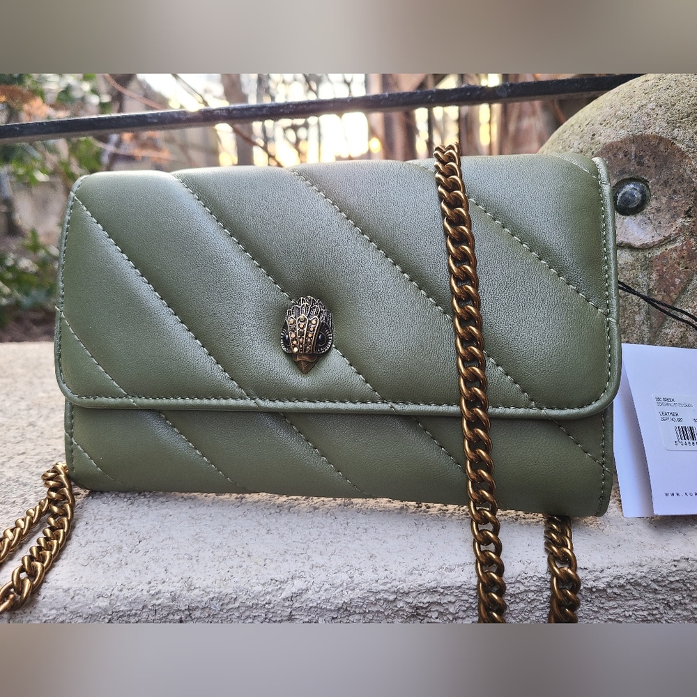 Kurt Geiger London Soho Leather Wallet Crossbody Cell Phoon Chain NWT Green